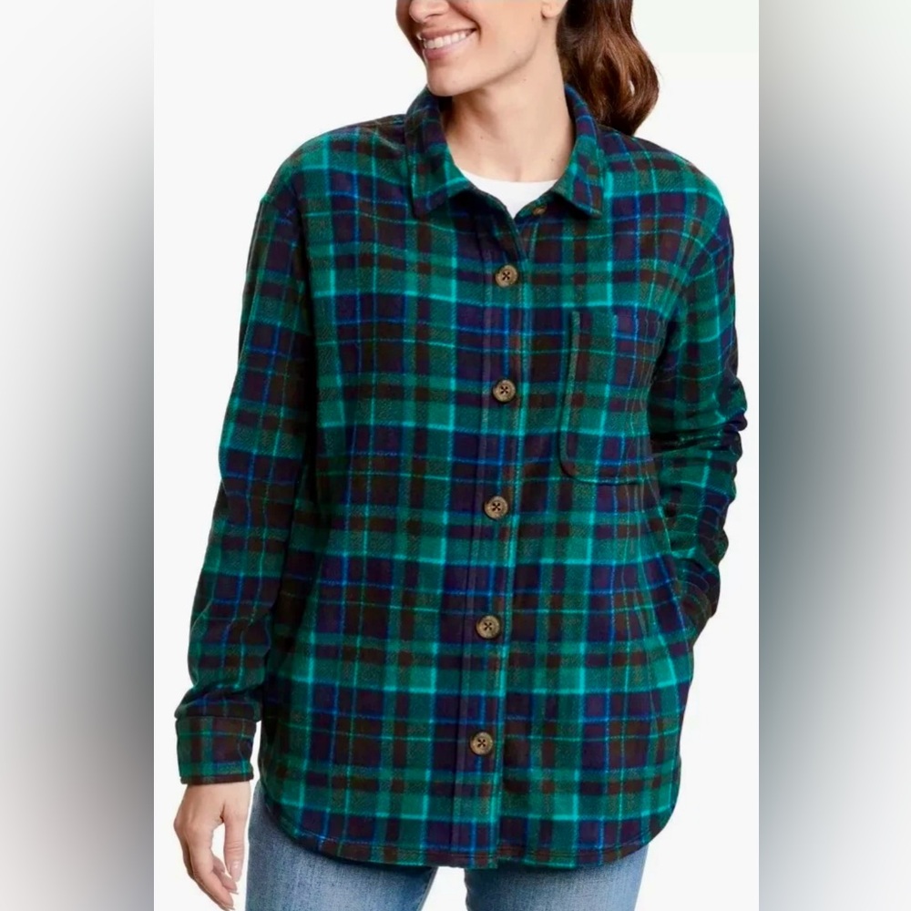 Eddie Bauer Blue Green Plaid Micro Fleece Button Up Shacket Shirt Size Small
